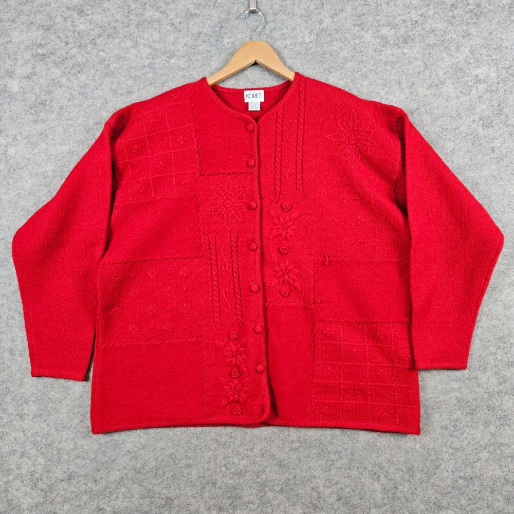 Koret Women's Size 2X Red 100% Wool Knit Cardigan Button Front‎ Sweater FLAWED